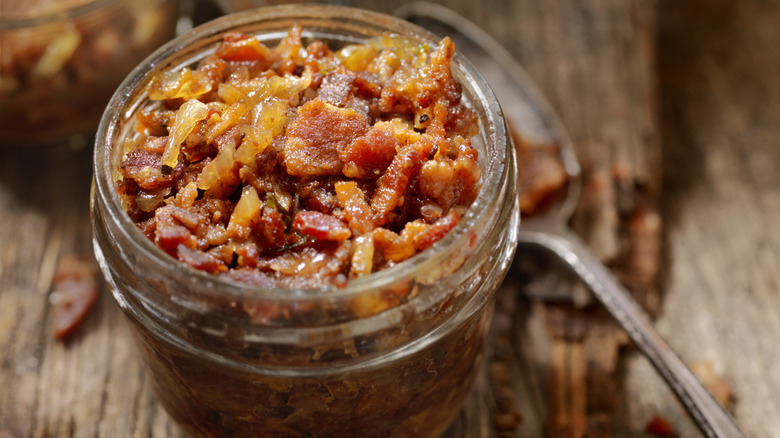 Bacon and onions in glass jar 