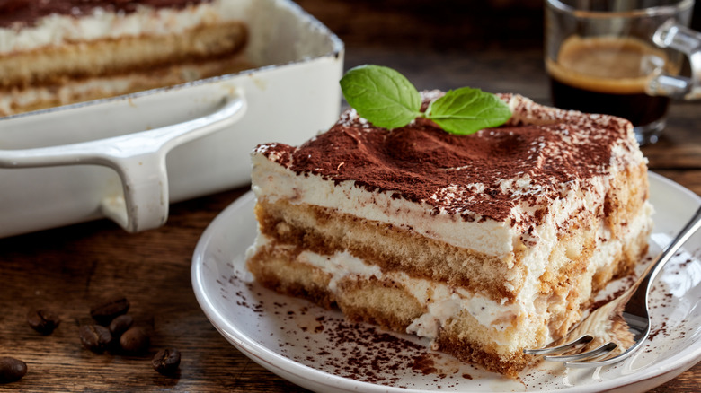 Tiramisu on white plate 