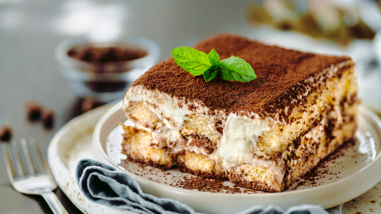 Tiramisu on plate with fork