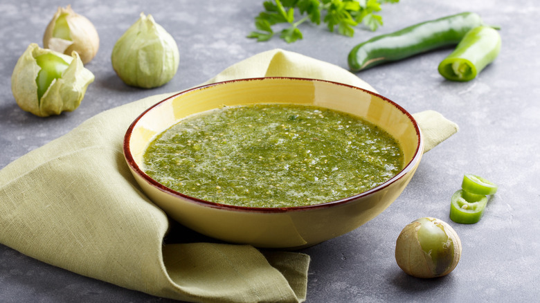 Salsa verde in yellow bowl