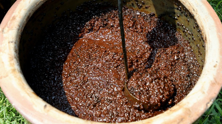 Earthenware pot filled with fermented soybeans