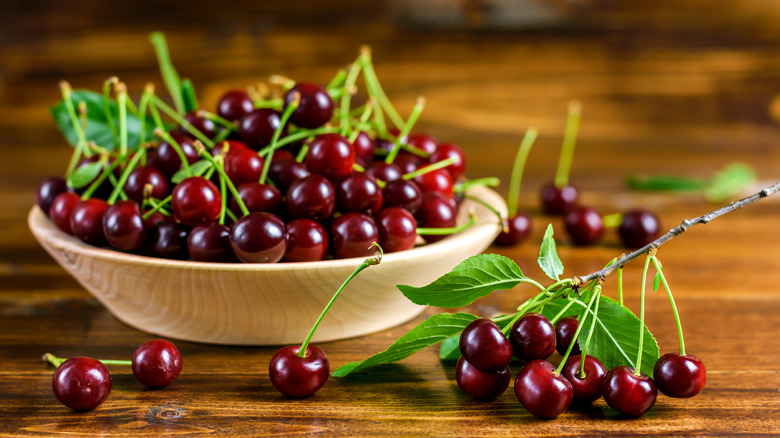 fresh sour cherries in bowl