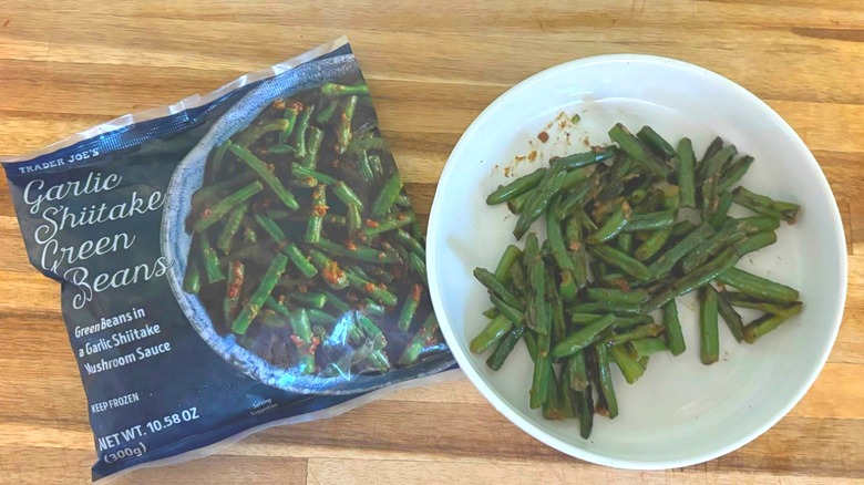 Trader Joe's garlic shiitake green beans on counter