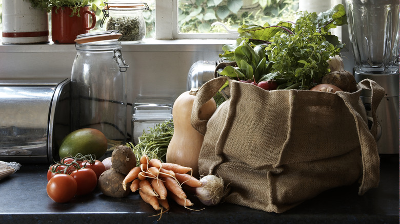 canvas shopping bag and groceries