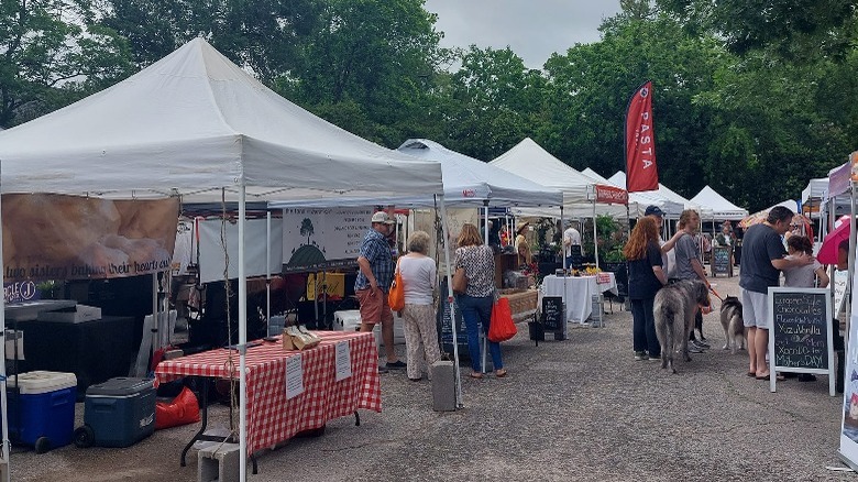 Farmers market stalls in rows