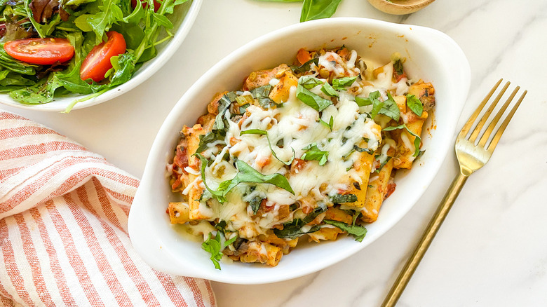 cheesy lentil ziti in baking dish