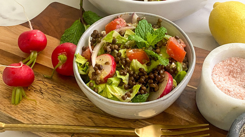 lentil radish salad in bowl