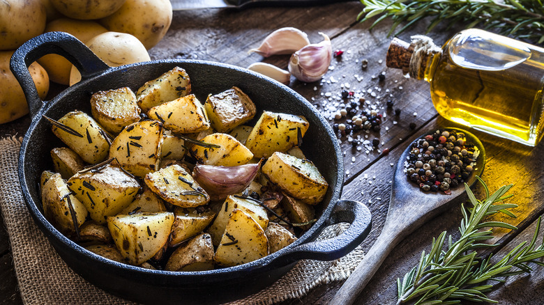 Roasted potatoes in skillet