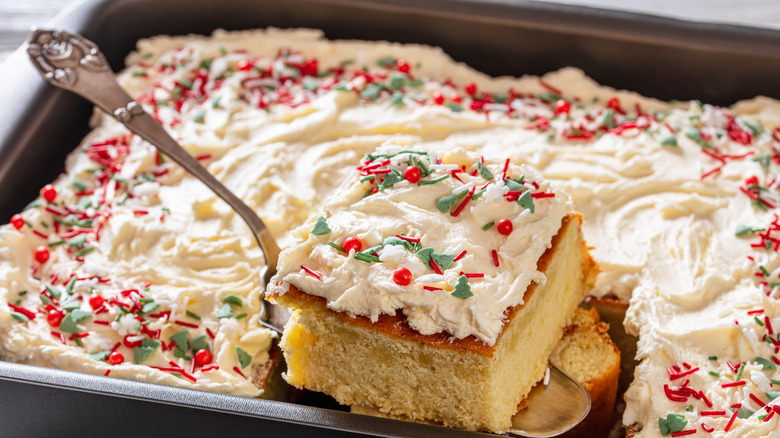 Sheet cake with colorful sprinkles