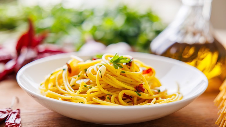 Aglio e olio pasta with chili flakes