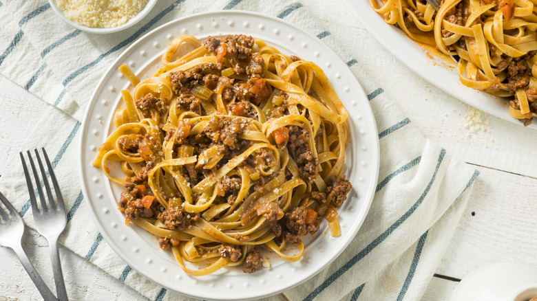 Plate of tagliatelle with meat sauce