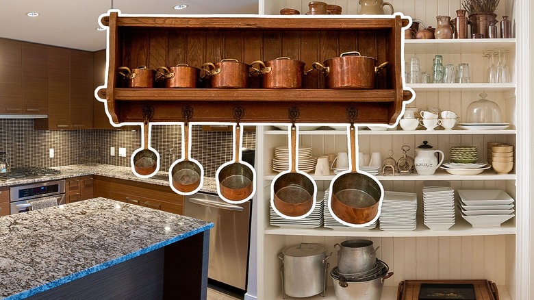 a composite image of various kitchen items including vintage hanging pot rack in the center, old-school kitchen with granite countertops, and a white open shelf