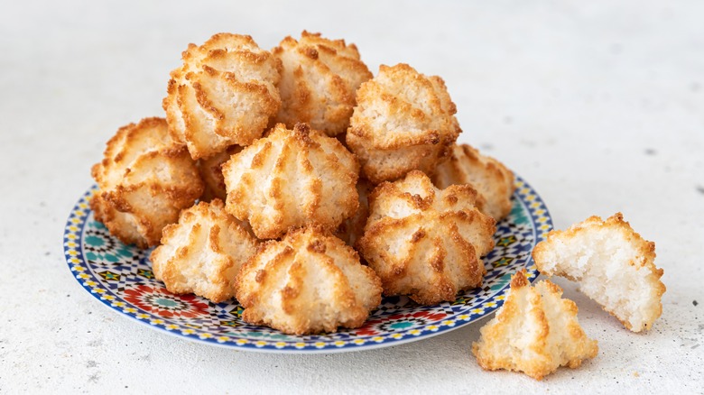 plate piled with coconut macaroons