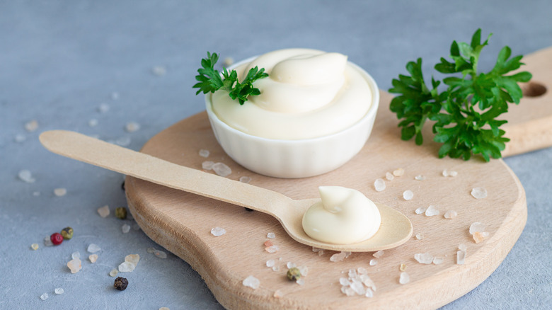 bowl and wooden spoon mayonnaise