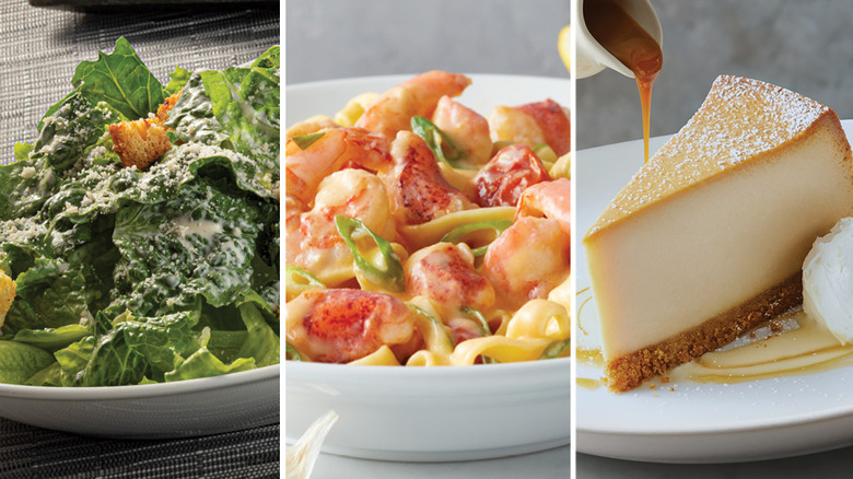 Salad, lobster pasta, and cheesecake