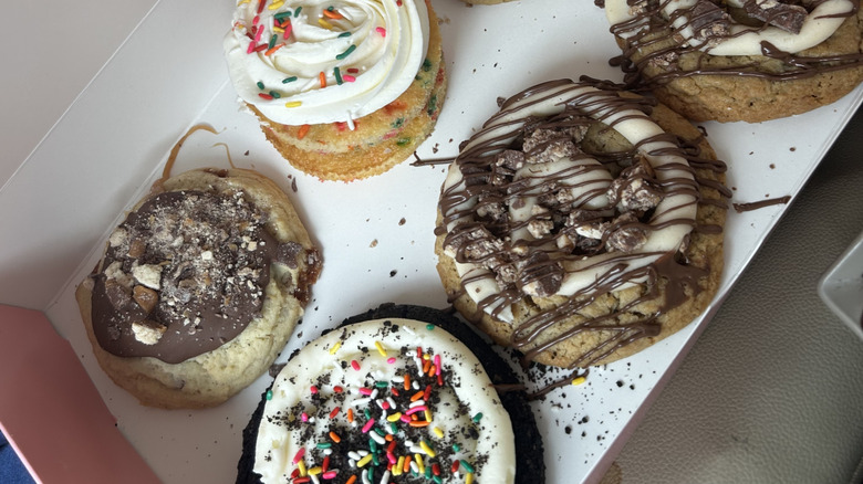 Close up of crumbl cookies in a box