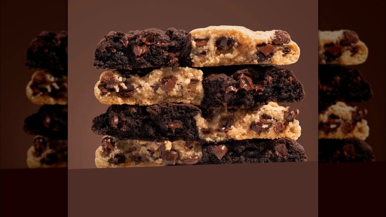 Crumbl brookie piled on top of each other