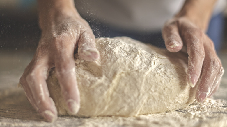 Person kneading pizza dough