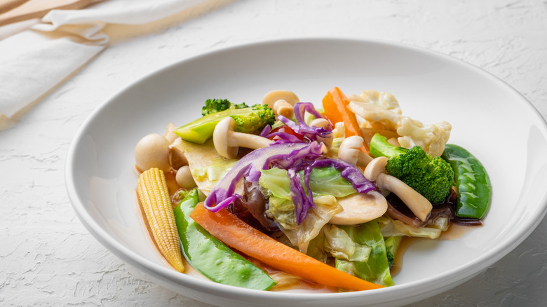 Asian vegetables on white plate