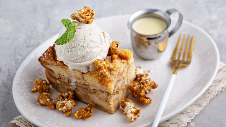 Plated bread pudding slice