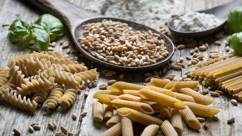 spelt grain, flour, pasta