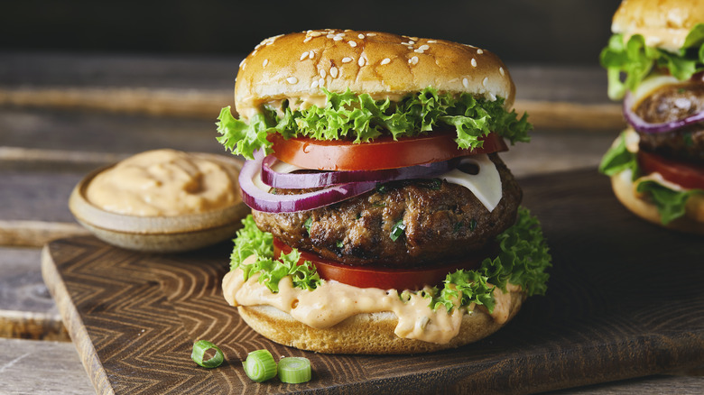 Burger on cutting board