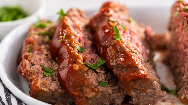 Sliced meatloaf with a glaze