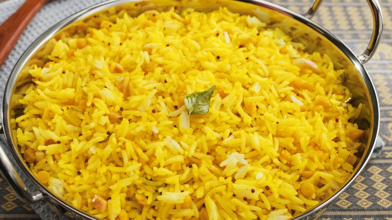 Yellow rice in a large pan