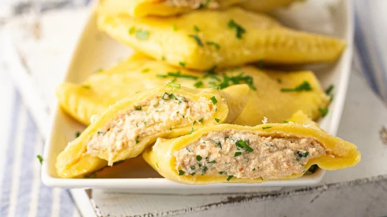 crab ravioli in tray