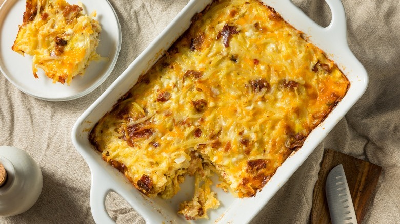 a breakfast casserole with cheese