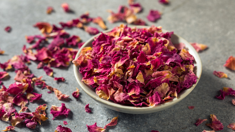 culinary rose petals in a bowl