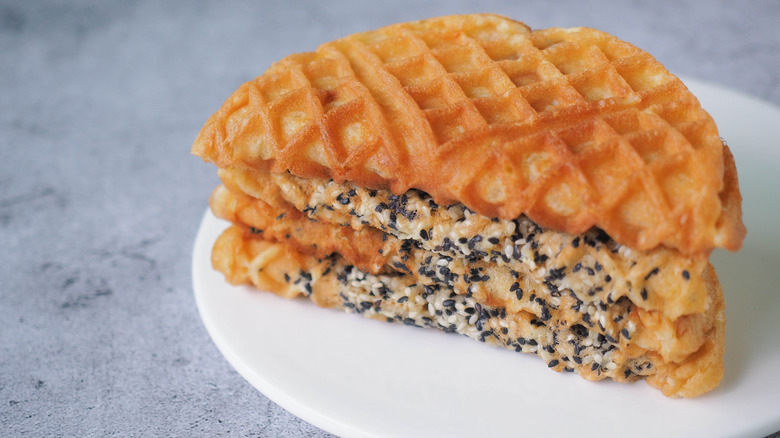 Sesame scallion waffles on plate