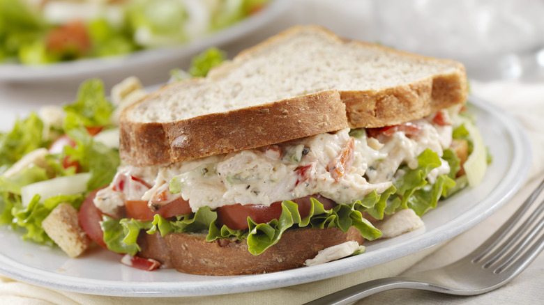 Tomato sandwich with coleslaw and lettuce on plate