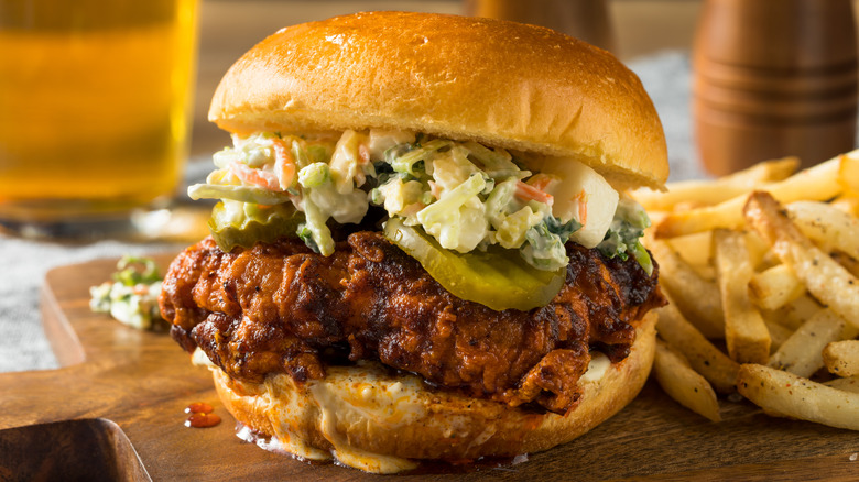 Fried chicken sandwich with coleslaw