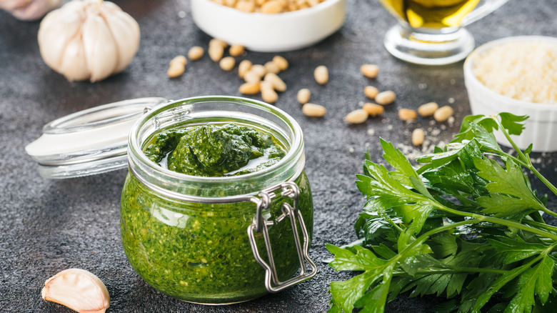 Jar of fresh pesto 