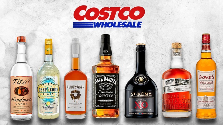 Seven liquor bottles with Costco logo