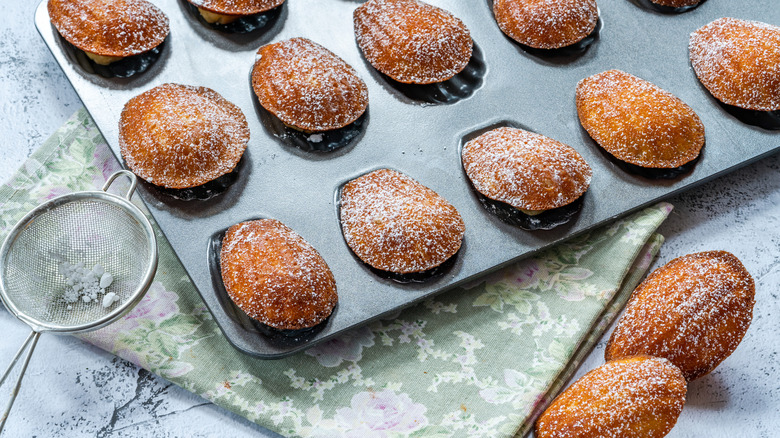 Madeleines in pan with dusting of sugar