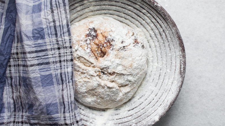 Proofing basket holding bread with kitchen towel over it
