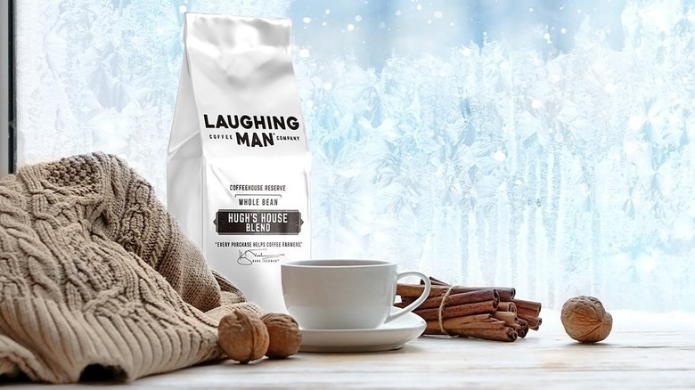A bag of Laughing Man Coffee