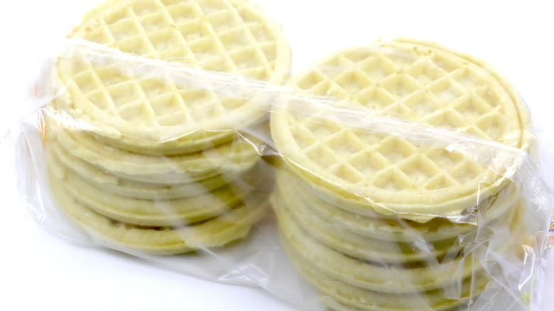 Frozen waffles are wrapped in plastic.