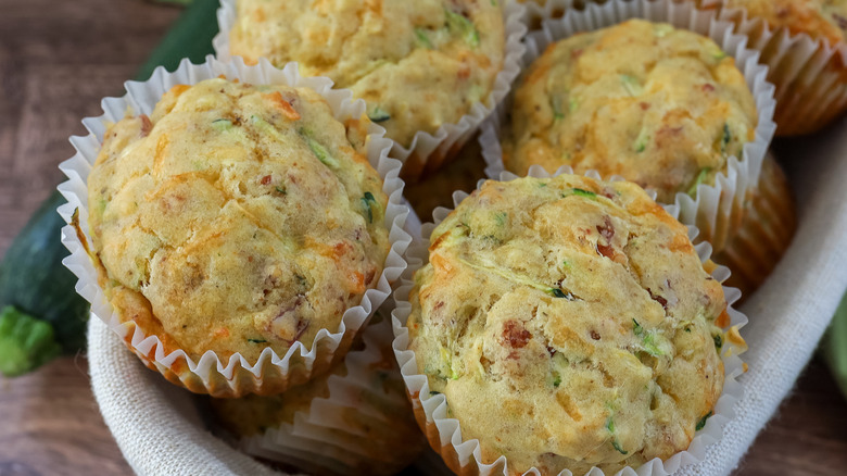 Cheese bacon zucchini muffins in basket