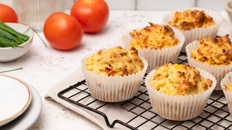 Crab corn muffins on wire racks