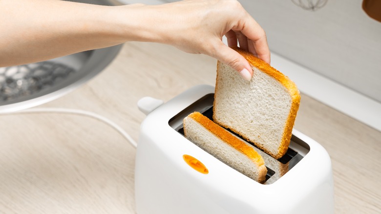 Person putting bread in toaster