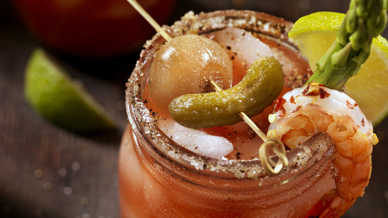 Bloody mary cocktail with toppings