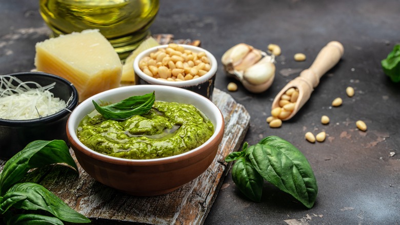 Pesto with ingredients on board