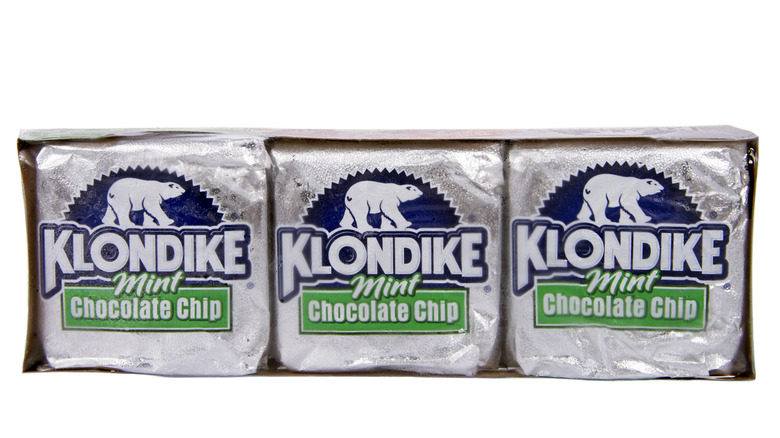 Klondike mint chocolate chip ice cream bar in a pack