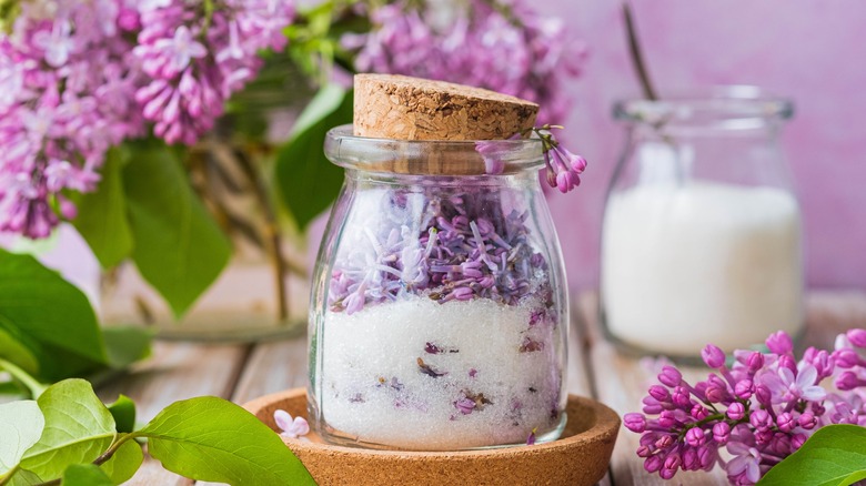 Lilac flavored sugar in jar