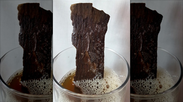 Glass of mauby with tree bark