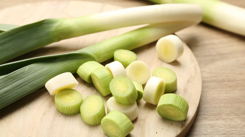 whole and cut fresh  leeks