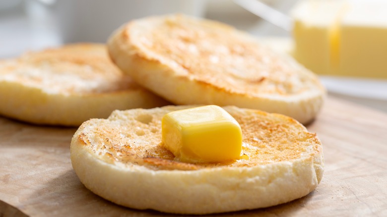 Butter melting into English muffin